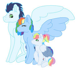 Size: 750x685 | Tagged: safe, artist:atumedagalaxy, imported from derpibooru, rainbow dash, soarin', oc, oc:pastel cloud, pegasus, pony, family, female, filly, foal, male, mare, offspring, parent:rainbow dash, parent:soarin', parents:soarindash, shipping, simple background, soarindash, stallion, straight, white background