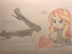 Size: 2048x1536 | Tagged: safe, artist:gibsterboy5, imported from derpibooru, sunset shimmer, human, equestria girls, boots, clothes, high heel boots, looking at you, lying down, miniskirt, shoes, signature, skirt, socks, sunset shimmer day, sweater, thigh boots, thigh highs, trace, traditional art