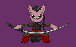 Size: 3321x2050 | Tagged: safe, artist:wallbeige, oc, oc:sakura marre, earth pony, pony, crossed legs, katana, ponytail, purple background, samurai armor, simple background, sir alonne, solo, sword, weapon