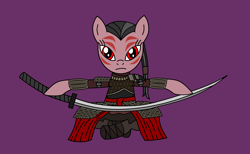 Size: 3321x2050 | Tagged: safe, artist:wallbeige, oc, oc:sakura marre, earth pony, pony, crossed legs, face paint, katana, ponytail, purple background, samurai armor, simple background, sir alonne, solo, sword, war paint, weapon