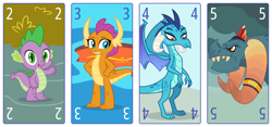 Size: 6400x3000 | Tagged: safe, artist:parclytaxel, imported from derpibooru, dragon lord torch, princess ember, smolder, spike, dragon, series:parcly's pony pattern playing cards, .svg available, absurd resolution, dragoness, female, horn, horn ring, jewelry, looking at you, male, open mouth, open smile, playing card, ring, smiling, tarot card, vector, wingless spike