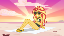 Size: 5360x3015 | Tagged: safe, artist:andoanimalia, imported from derpibooru, sunset shimmer, human, starfish, equestria girls, ass, beach, beach towel, bikini, butt, clothes, sandals, sunglasses, sunset, sunset shimmer's beach shorts swimsuit, swimsuit