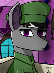 Size: 1248x1680 | Tagged: safe, artist:carolus rex, imported from derpibooru, oc, oc only, earth pony, equestria at war mod, car, city, cityscape, clothes, ear fluff, equestria rises still (equestria at war submod), male, purple eyes, solo, solo focus, stallion, uniform, uniform hat