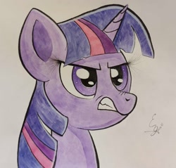 Size: 1729x1651 | Tagged: safe, artist:engi, imported from derpibooru, twilight sparkle, pony, unicorn, angry, simple background, traditional art, unicorn twilight, watercolor painting
