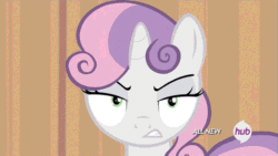 Size: 533x300 | Tagged: safe, edit, edited screencap, editor:undeadponysoldier, imported from ponybooru, screencap, sweetie belle, pony, unicorn, for whom the sweetie belle toils, all new, angry, animated, cute, cute when angry, diasweetes, edited gif, female, filly, foal, hub logo, looking at you, reversed, solo, sweetie belle is not amused, text, unamused