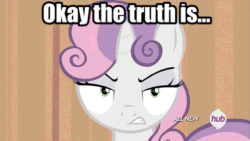 Size: 533x300 | Tagged: safe, edit, edited screencap, editor:undeadponysoldier, imported from ponybooru, screencap, sweetie belle, pony, unicorn, for whom the sweetie belle toils, all new, angry, animated, cute, cute when angry, diasweetes, edited gif, female, filly, foal, hub logo, implied shipping, implied spike, implied spikebelle, implied straight, looking at you, low effort caption, meme, reversed, solo, sweetie belle is not amused, talking to viewer, text, unamused