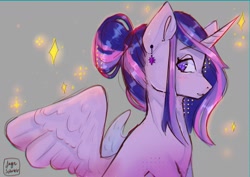 Size: 4093x2894 | Tagged: safe, artist:jaynsparkle, imported from derpibooru, twilight sparkle, alicorn, pony, ear piercing, earring, jewelry, piercing, simple background, sitting, solo, spread wings, twilight sparkle (alicorn), wings