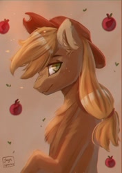 Size: 848x1199 | Tagged: safe, artist:jaynsparkle, imported from derpibooru, applejack, earth pony, pony, apple, chest fluff, food, hat, looking at you, simple background, sitting, solo