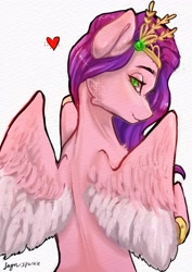 Size: 2894x4093 | Tagged: safe, artist:jaynsparkle, imported from derpibooru, pipp petals, pegasus, pony, crown, g5, heart, jewelry, looking at you, looking back, looking back at you, rear view, regalia, simple background, smiling, solo, white background