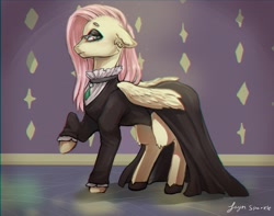 Size: 1900x1500 | Tagged: safe, artist:jaynsparkle, imported from derpibooru, fluttershy, pegasus, pony, clothes, dress, ear piercing, floppy ears, fluttergoth, makeup, piercing, side view, solo