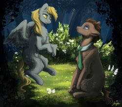 Size: 1700x1500 | Tagged: safe, alternate version, artist:jaynsparkle, imported from derpibooru, derpy hooves, doctor whooves, time turner, earth pony, pegasus, pony, bush, duo, flower, flying, forest, necktie, open mouth, sitting, tree