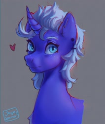 Size: 2894x3403 | Tagged: safe, artist:jaynsparkle, imported from derpibooru, oc, oc:can opener, pony, unicorn, bust, ear piercing, freckles, heart, piercing, simple background, solo, vylet pony