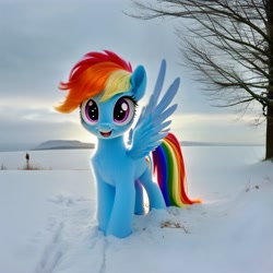 Size: 1536x1536 | Tagged: safe, imported from derpibooru, rainbow dash, pegasus, pony, ai content, ai generated, female, filly, foal, generator:pony diffusion v5, generator:stable diffusion, looking at you, mare, one wing out, open mouth, open smile, prompter:siber, realistic, smiling, smiling at you, snow, solo, tree, wings, winter