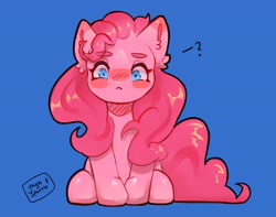 Size: 4096x3221 | Tagged: safe, artist:jaynsparkle, imported from derpibooru, pinkie pie, earth pony, pony, blue background, chibi, looking at you, simple background, sitting, solo