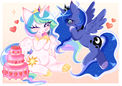 Size: 3438x2424 | Tagged: safe, artist:arwencuack, imported from derpibooru, princess celestia, princess luna, alicorn, pony, adorable face, cake, cakelestia, commission, crown, cute, cutelestia, eating, ethereal mane, female, flying, food, glowing, glowing horn, heart, heart eyes, herbivore, hoof shoes, horn, jewelry, lunabetes, mare, passepartout, pastel, regalia, royal sisters, sibling love, siblings, sisters, starry mane, starry tail, tail, underhoof, wingding eyes