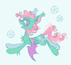 Size: 1274x1164 | Tagged: safe, artist:webkinzworldz, imported from derpibooru, minty, bat pony, pony, bat ears, bat nose, bat ponified, blush lines, blushing, butt fluff, candy, chest fluff, colored wings, ear tufts, female, flying, food, g3, green background, leg fluff, light green background, mare, open mouth, pink eyes, race swap, sharp teeth, simple background, smiling, solo, teeth, wings, wings down