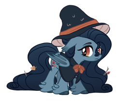 Size: 1200x1004 | Tagged: safe, artist:pgthehomicidalmaniac, imported from derpibooru, oc, oc only, oc:gloomy autumn, bat pony, pony, bat wings, bow, cloak, clothes, ear tufts, female, hat, hoof polish, leaves, long hair, long mane, mare, mushroom, mushroom hat, redesign, simple background, solo, transparent background, twig, unshorn fetlocks, wings, witch, witch hat
