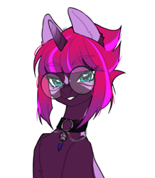 Size: 2120x2436 | Tagged: safe, artist:ruru_01, imported from derpibooru, oc, oc only, pony, unicorn, bust, choker, commission, glasses, looking at you, portrait, simple background, smiling, smiling at you, solo, white background