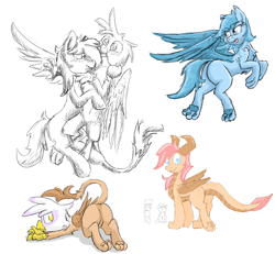 Size: 1999x1847 | Tagged: safe, artist:pzkratzer, imported from derpibooru, gallus, gilda, sandbar, oc, oc:night cloud, oc:ponygriff, dragon, sphinx, belly button, butt, featureless crotch, flockmod, flying, gallbar, gay, gildonk, hug, male, paws, plot, quadrupedal, shipping, simple background, sketch, sketch dump, snuggling, species swap, sphinx oc, underpaw, white background