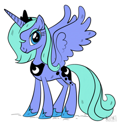 Size: 824x860 | Tagged: safe, artist:playtimerogerhargreavesandbonniezacherlefan68, imported from derpibooru, princess luna, alicorn, pony, clothes, colored, coloring page, crown, cute, eyeshadow, female, g4, jewelry, luna's crown, lunabetes, makeup, mare, moon, regalia, s1 luna, shoes, simple background, smiling, solo, white background