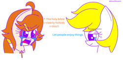 Size: 2459x1208 | Tagged: safe, artist:aryannerapesmewithherfutacockeverynight, imported from ponybooru, oc, oc only, oc:aryanne, oc:christ chan, pony, angry, aryanne being relatable, blonde, blonde mane, caption, christianity, crying, disappointed, duo, duo female, female, head only, meme, nazi, seething, soyjak, text, wojak