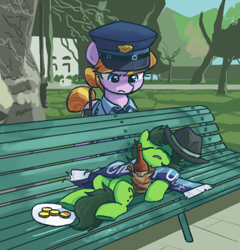 Size: 524x546 | Tagged: safe, artist:plunger, imported from twibooru, copper top, oc, oc:filly anon, earth pony, pony, /mlp/, 4chan, 4chan cup scarf, bench, bottle, drawthread, female, filly, giddy up, hat, image, mare, meme, png, police, ponified meme, ponified photo, sleeping