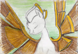 Size: 6893x4797 | Tagged: safe, imported from ponybooru, pegasus, pony, colored pencil drawing, eyes closed, looking down, metal wing, signature, simple background, solo, spread wings, statue, traditional art, wings, zephyr heights
