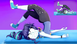Size: 1280x743 | Tagged: safe, artist:the-butch-x, imported from ponybooru, coloratura, equestria girls, accident, clothes, comparison, faceplant, faic, female, ouch, silly, solo, stage, tanktop, tripping