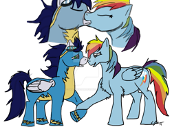 Size: 749x562 | Tagged: safe, artist:drac-keagan, imported from derpibooru, rainbow dash, soarin', pegasus, pony, clothes, female, kiss on the lips, kissing, male, mare, shipping, simple background, soarindash, stallion, straight, transparent background, uniform, wonderbolts uniform