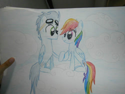 Size: 749x562 | Tagged: safe, artist:leenymesk, imported from derpibooru, rainbow dash, soarin', pegasus, pony, female, male, mare, marriage proposal, shipping, soarindash, stallion, straight, traditional art