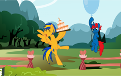 Size: 1098x691 | Tagged: safe, artist:ry-bluepony1, imported from derpibooru, oc, oc:flare spark, oc:train track, pegasus, pony, unicorn, cake, female, food, happy birthday, male