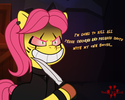 Size: 1604x1280 | Tagged: safe, artist:isaac_pony, imported from derpibooru, earth pony, pony, assassin, background, box, cutie mark, dialogue, evil, evil grin, female, g5, grin, knife, logo, mare, murderer, my little pony: tell your tale, piercing, posey blood, posey bloom, posey will have her revenge, racism, red eyes, sadist, show accurate, slasher smile, smiling, solo