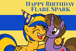 Size: 600x402 | Tagged: safe, artist:noi kincade, imported from derpibooru, oc, oc only, oc:flare spark, oc:princess kincade, birthday, eyes closed, female, happy birthday, hat, hoof around neck, hug, party hat