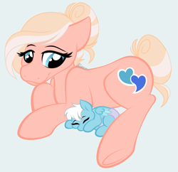 Size: 2301x2229 | Tagged: safe, artist:feather_bloom, imported from derpibooru, oc, oc:feather bloom, oc:peach waterblossom, earth pony, pegasus, pony, baby, baby pony, foal, hair bun, nanny, simple background, sleeping, tail, tail bun, wholesome