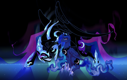 Size: 7415x4694 | Tagged: safe, artist:falkoshut, imported from derpibooru, nightmare moon, princess luna, alicorn, pony, abstract background, duality, duo, evil grin, female, grin, mare, sharp teeth, smiling, teeth