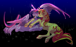 Size: 6133x3809 | Tagged: safe, artist:falkoshut, imported from derpibooru, sci-twi, sunset shimmer, twilight sparkle, alicorn, pony, unicorn, alicorn sci-twi, blushing, duo, equestria girls ponified, eyes closed, female, gift art, glowing, glowing horn, horn, kissing, laughing, lesbian, ponified, rain, scitwishimmer, shipping, snuggling, sunsetsparkle