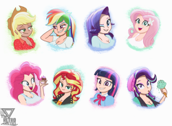 Size: 3000x2200 | Tagged: safe, artist:theretroart88, edit, imported from derpibooru, applejack, fluttershy, pinkie pie, rainbow dash, rarity, sci-twi, starlight glimmer, sunset shimmer, twilight sparkle, human, equestria girls, breasts, busty applejack, busty fluttershy, busty mane six, busty pinkie pie, busty rainbow dash, busty rarity, busty twilight sparkle, cleavage, cupcake, food, grin, human coloration, humane five, humane seven, humane six, ice cream, looking at you, mane six, one eye closed, open mouth, open smile, simple background, smiling, smiling at you, white background, wink, winking at you