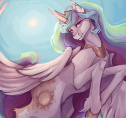 Size: 3018x2826 | Tagged: safe, artist:ananasiyo, imported from derpibooru, princess celestia, alicorn, pony, ear piercing, earring, female, horn, horn ring, jewelry, mare, piercing, ring, smiling, solo, sun