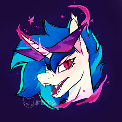 Size: 2650x2650 | Tagged: safe, artist:nezumieex, imported from derpibooru, dj pon-3, vinyl scratch, bat pony, bat pony unicorn, hybrid, pony, unicorn, bat ponified, bust, female, glowing, glowing horn, horn, kamina sunglasses, mare, open mouth, portrait, race swap, sharp teeth, signature, slit pupils, solo, speedpaint available, sunglasses, teeth