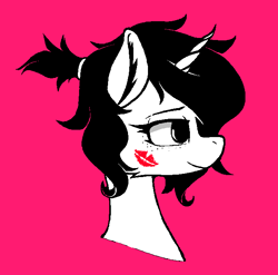 Size: 654x646 | Tagged: safe, artist:avristed, artist:pinkberry, imported from ponybooru, oc, oc only, oc:mae (pinkberry), unicorn, bust, collaboration, freckles, kiss mark, lipstick, pink background, red background, simple background, solo