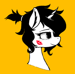 Size: 654x646 | Tagged: safe, artist:avristed, artist:pinkberry, imported from ponybooru, oc, oc only, oc:mae (pinkberry), unicorn, bust, collaboration, freckles, kiss mark, lipstick, simple background, solo, yellow background