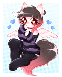 Size: 1408x1756 | Tagged: safe, artist:arwencuack, imported from derpibooru, oc, oc:arwencuack, anthro, pegasus, abstract background, choker, heart, heart eyes, passepartout, shoulderless, simple background, solo, wingding eyes, wings