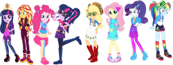 Size: 3828x1440 | Tagged: safe, artist:shootingstarsentry, imported from ponybooru, applejack, fluttershy, pinkie pie, rainbow dash, rarity, sci-twi, sunset shimmer, twilight sparkle, driving miss shimmer, equestria girls, equestria girls series, friendship games, sunset's backstage pass!, spoiler:eqg series (season 2), boots, clothes, gloves, humane eight, humane five, humane seven, humane six, motorcross, shoes