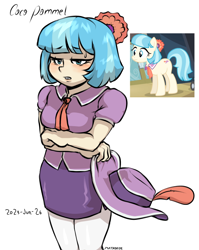 Size: 758x953 | Tagged: safe, artist:mariokirbyandddlcfan, imported from derpibooru, screencap, coco pommel, human, crossed arms, female, hat, humanized, screencap reference, signature, simple background, solo, sweat, sweatdrop, white background