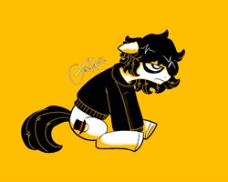 Size: 2000x1600 | Tagged: safe, artist:goldensuculents, imported from derpibooru, earth pony, pony, clothes, fanart, hat, hoodie, masterlasheron, messy mane, monochrome, simple background, sitting, solo, top hat, yellow background, youtuber