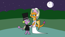 Size: 1920x1080 | Tagged: safe, artist:platinumdrop, imported from derpibooru, smolder, spike, clothes, dress, female, hat, male, marriage, moon, night, request, shipping, spolder, stars, straight, top hat, tuxedo, waltz, wedding, wedding dress, wedding veil