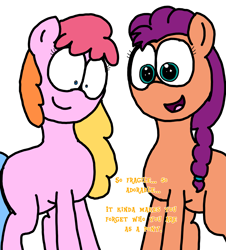 Size: 3023x3351 | Tagged: safe, artist:professorventurer, imported from derpibooru, sunny starscout, toola roola, earth pony, pony, series:ask pippamena, braid, braided ponytail, cute, dialogue, dilated pupils, duo, duo female, eye shimmer, female, g5, hair tie, low angle, mare, ponytail, simple background, smiling, sunnybetes, talking, white background