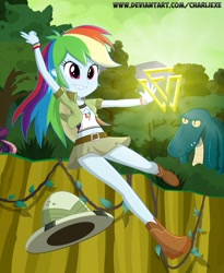 Size: 1329x1623 | Tagged: safe, artist:charliexe, imported from derpibooru, rainbow dash, human, lizard, eqg summertime shorts, equestria girls, leaping off the page, belly button, belt, boots, clothes, explorer, explorer outfit, female, hat, jungle, legs, midriff, pith helmet, schrödinger's pantsu, shirt, shoes, skirt, smiling, swinging, the legend of zelda, thighs, tree, triforce, wwe