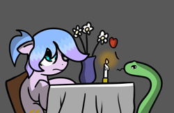 Size: 1280x836 | Tagged: safe, artist:neuro, edit, imported from derpibooru, oc, oc only, oc:meen-shei, earth pony, pony, snake, :p, candle, candlelight dinner, danger noodle, date, female, floppy ears, flower, frown, glare, gray background, heart, mare, simple background, solo, tongue out, unamused, vase