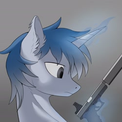 Size: 2480x2480 | Tagged: artist needed, safe, imported from derpibooru, oc, oc only, pony, unicorn, bust, gun, levitation, magic, simple background, solo, telekinesis, weapon